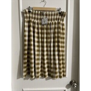 Kate Quinn NWT Large Cream Olive Checkered Skirt Midi Women’s Bamboo SOFT